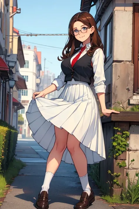 female, long brown hair, blue eyes, (((1girl))), (((white dress shirt))), (black vest), (red pleated skirt), (white socks), (brown loafers), (glasses), cute and sexy, full body, huge breasts, long legs, smiling