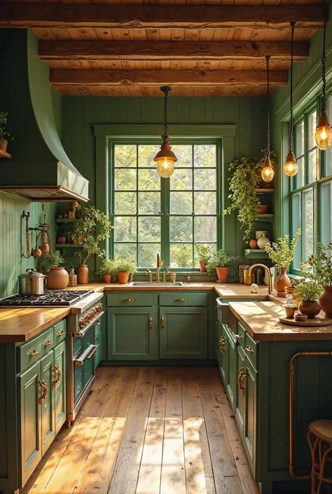 A green home kitchen with golden light