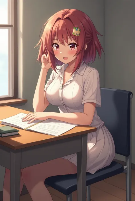 Anime schoolgirl is sitting on the desk without a shirt and with nothing to cover her because a boy who is in love with her tore it off so he could touch her breasts (The girl's breasts are huge,Giants)