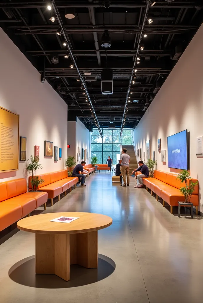 "Modern cultural space with flexible areas for exhibitions and presentations. Modular furniture,  Access Ramps , tactile and visual signage, adjustable lighting and rest areas that demonstrate an inclusive and versatile design for diverse cultural activiti...