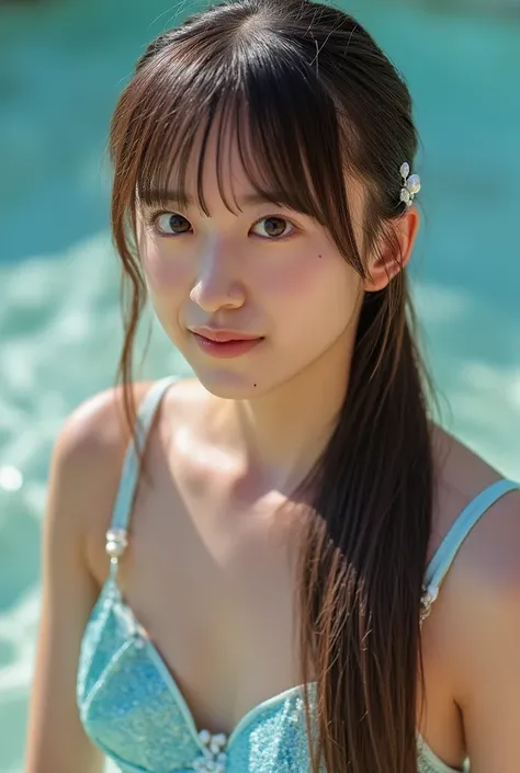 A beautiful European mermaid。light brown hair with bangs {x} wears a ponytail、is tied with a white pearl ring。wears a blue seashell bra、has a blue mermaid tail。has light brown eyes。