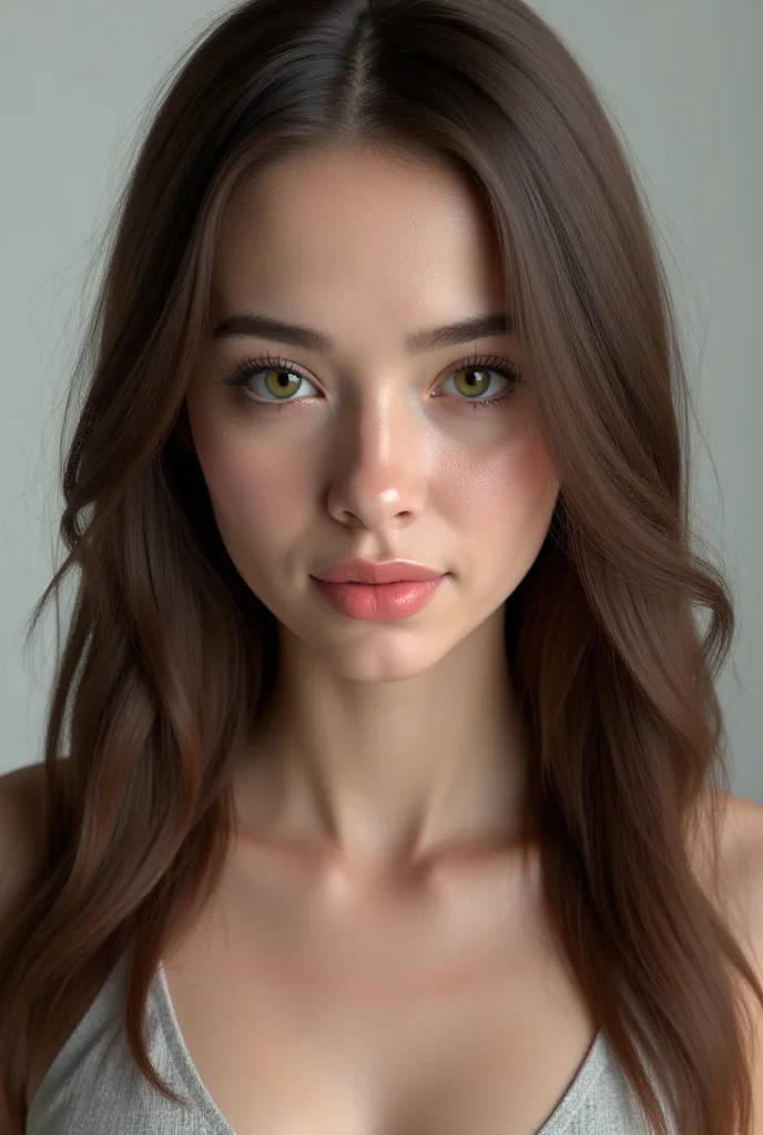 Create a realistic model ,  brunette with green eyes, straight hair 