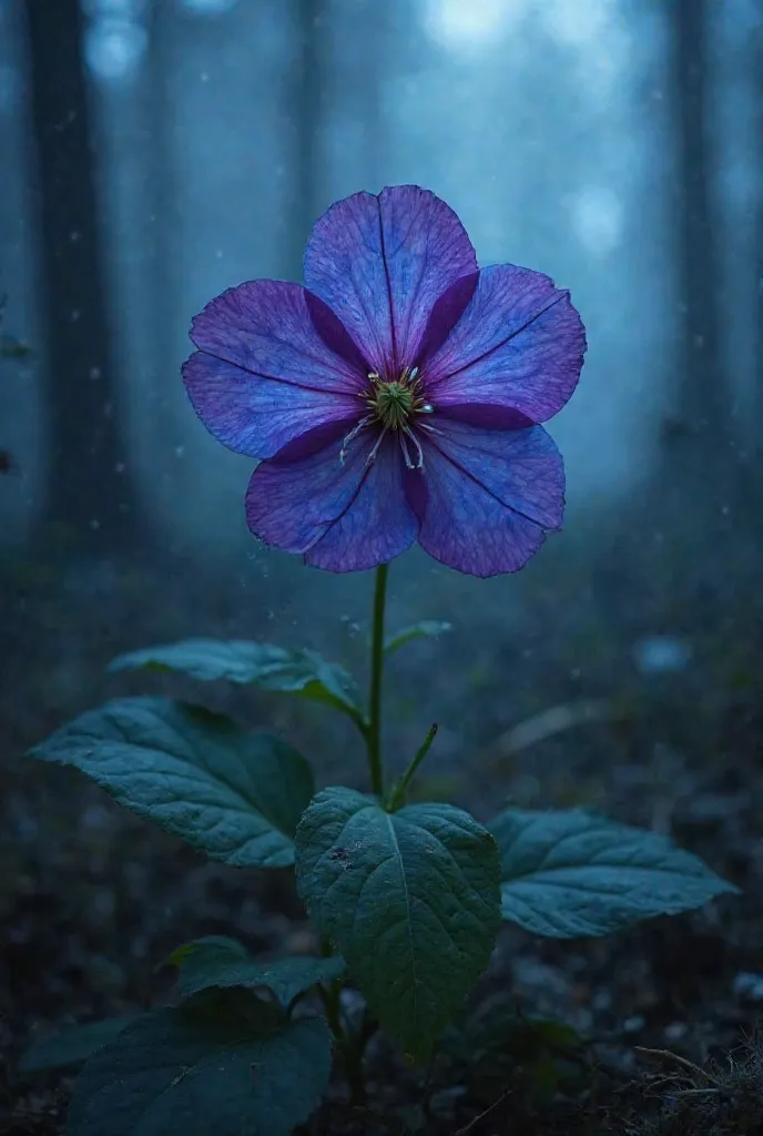 A highly poisonous Aconite flower in extreme close-up, showcasing its vibrant purple and blue petals with a slightly unnatural, glowing effect to emphasize its danger. The background is dark and eerie, featuring a misty, shadowy forest that creates a myste...