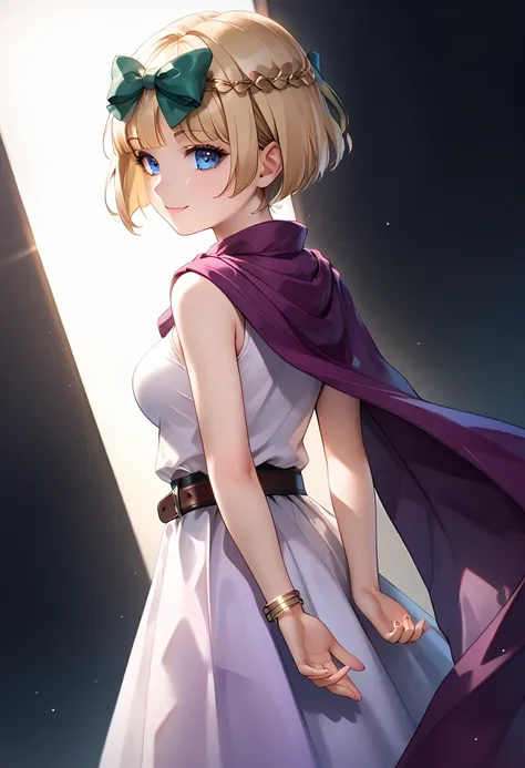 1girl,solo,alone,(youth),cowboy shot,standing,(blonde hair:1.2),short hair, straight bob cut,(green bows),(blue eyes:1.2),(beautiful fingers:1.4),(perfect anatomy:1.4),(arms_behind_back:1.6),medium breasts,(beautiful breasts:1.2),(masterpiece,best quality:...