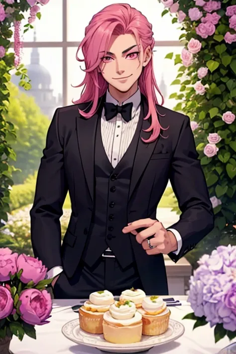 Perfect face. Perfect hands. A pink haired man with violet eyes and long hair in a Gothic suit is setting up the decoration for a wedding reception in a peony garden with a big smile