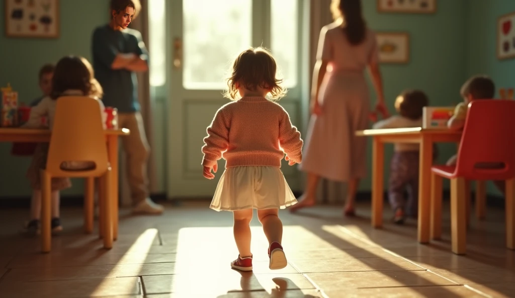 Ultra-realistic wide-angle shot of a 29 years old mother walking away from her  in a 1990s daycare classroom. The mother, wearing a white blouse tucked into a peach-colored knitted cardigan, is halfway towards the exit, her figure slightly blurred as she m...