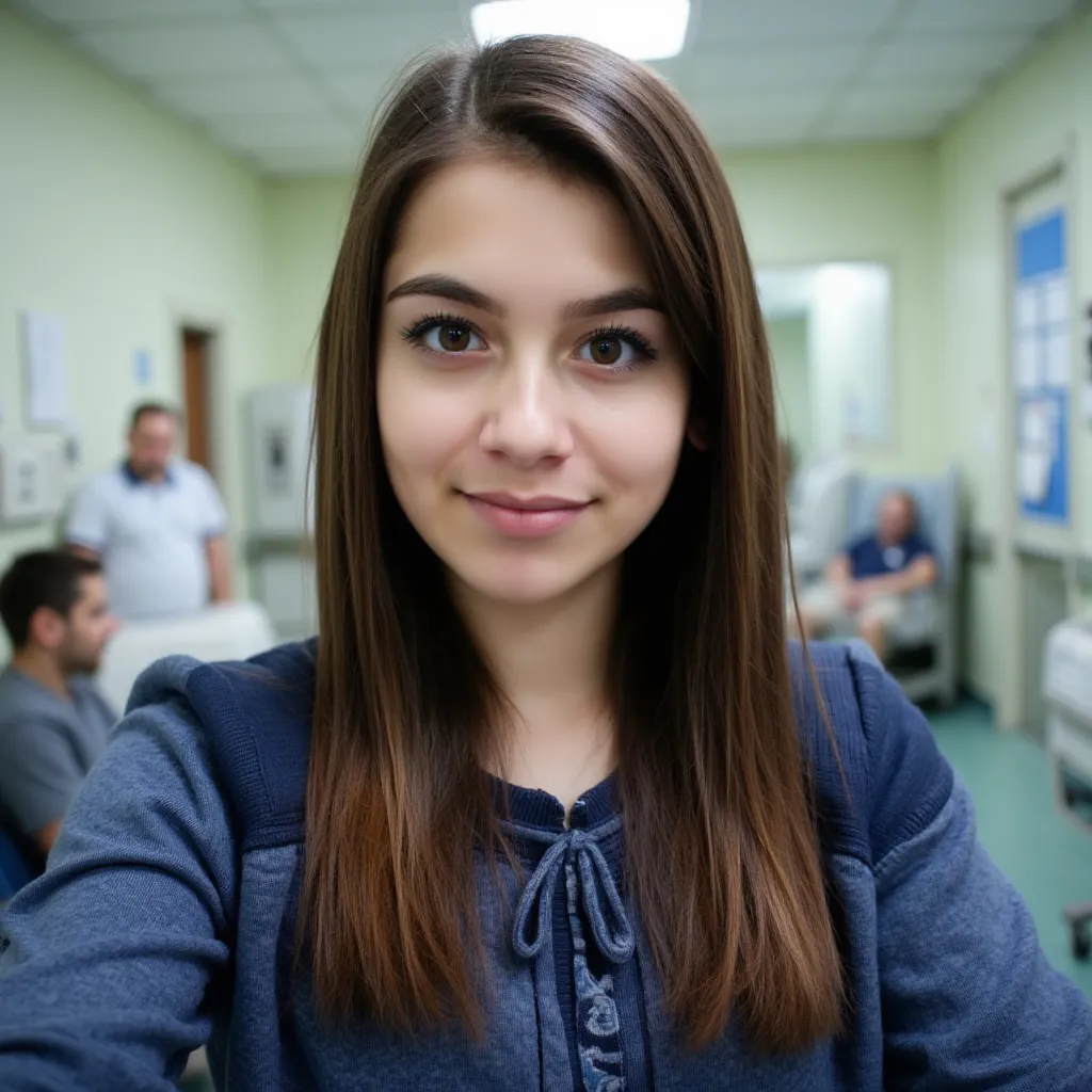 woman is at work in hospital. takes a selfie. In the background you can see that patient room. Has a sweater on.  .  style photorealistic ,  full body