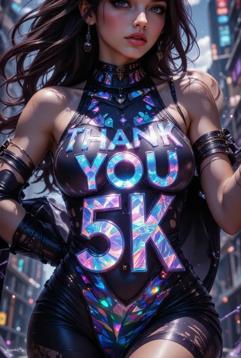 article, "Thank you for 5K followers", Add text"Thank you 5K", holographic font, milestone commemorative work