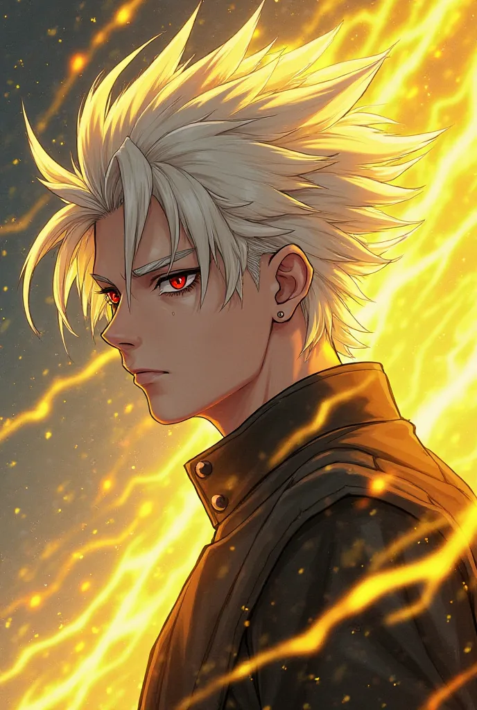 A guy of about 18 years old with white hair and a serious expression on his face and an ominous look, around which yellow lightning is visible in anime style, side view, in full growth