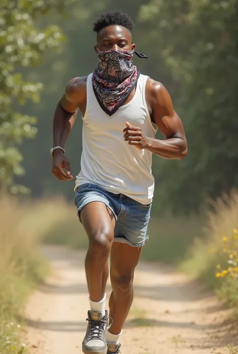 18 year old black male with slightly muscular body, wearing white tank top with short sleeve shirt, short jean shorts and sneakers with socks, with shaved hair, running happily in the summer of the 70s. bandana covering the face