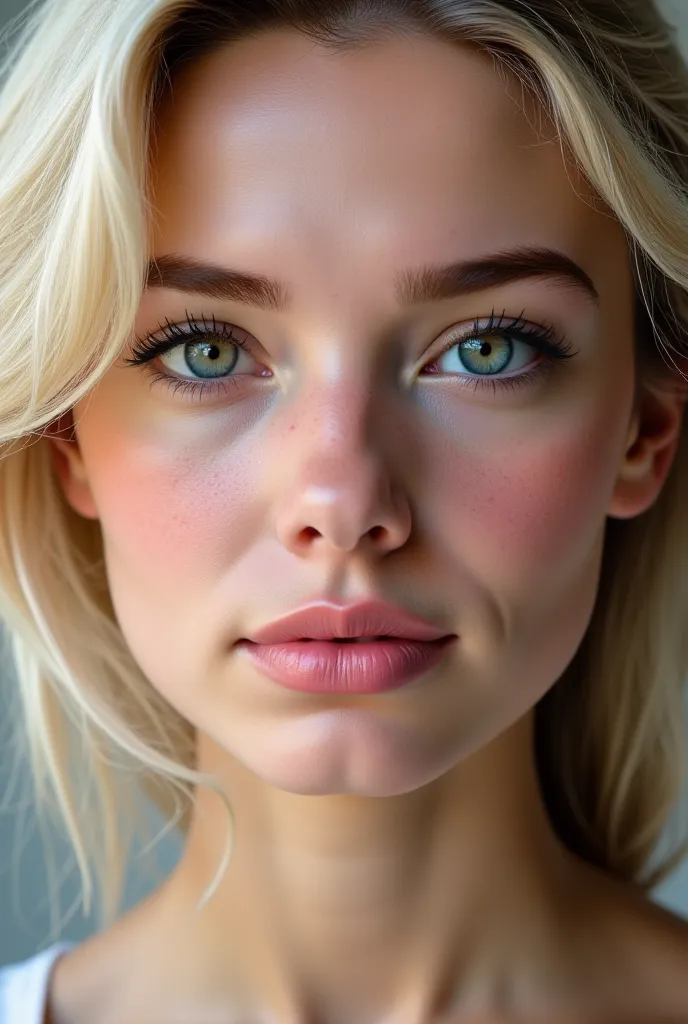 " Create an ultra-realistic portrait of  [a blond woman with white brown eyes].  The image must have a high resolution, detailed skin texture,  natural lighting and soft shadows for greater depth .  The eyes should be crisp and expressive, with realistic r...