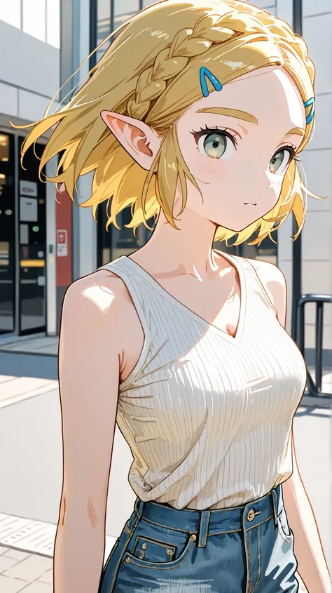 Princess Zelda in the real world walking down the sidewalk, light green and gray eyes, Hair of those who are walking along the sidewalk, Wearing real-world clothes, white ribbed V-neck tank top, short beige