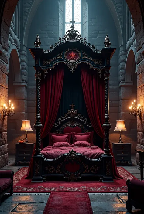 Generate an image of a luxury master suite, Taking into account dark tones because it would be a vampire room in a castle.