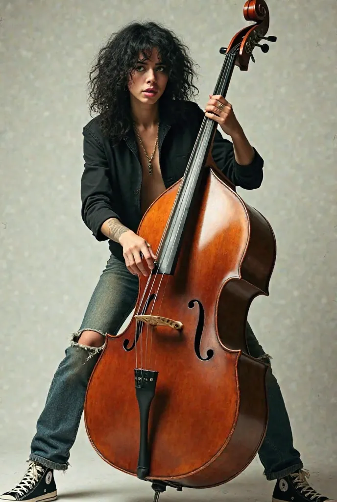 A Png image of a white rock singer from 1, 72 cm straight curly black hair and front green eyes playing double bass jeans and black jacket an all-star sneaker playing 
