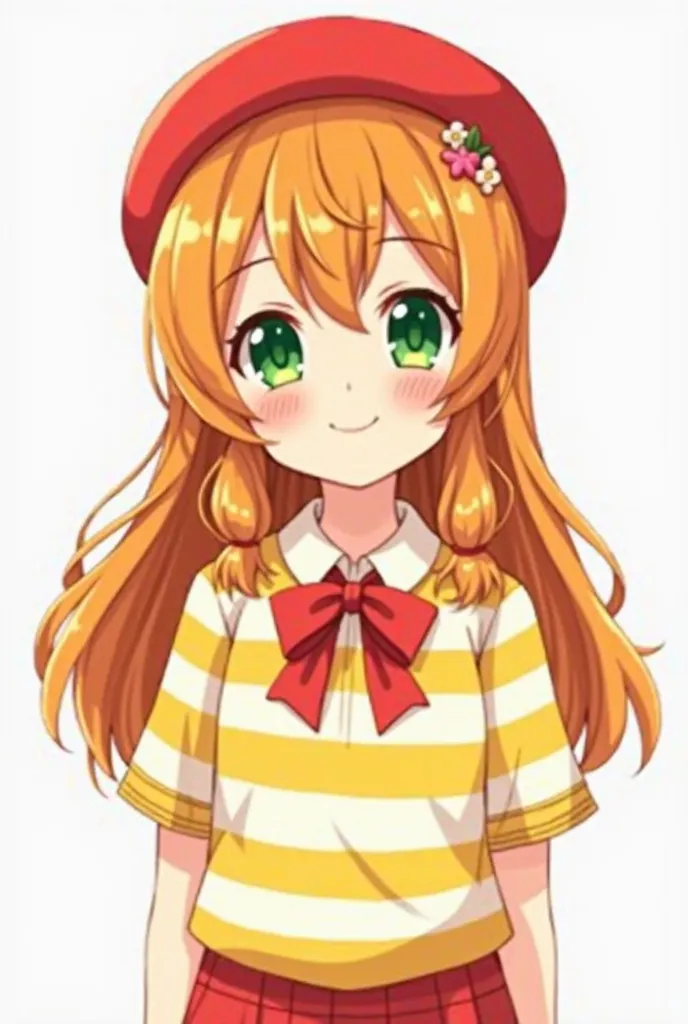 Cute looking age girl with green eyes, long color like gingerbread, yellow and white stripes, short sleeves, tied with a red bow, red beret hat, white background. Please ask for an anime image. Thank you very much.