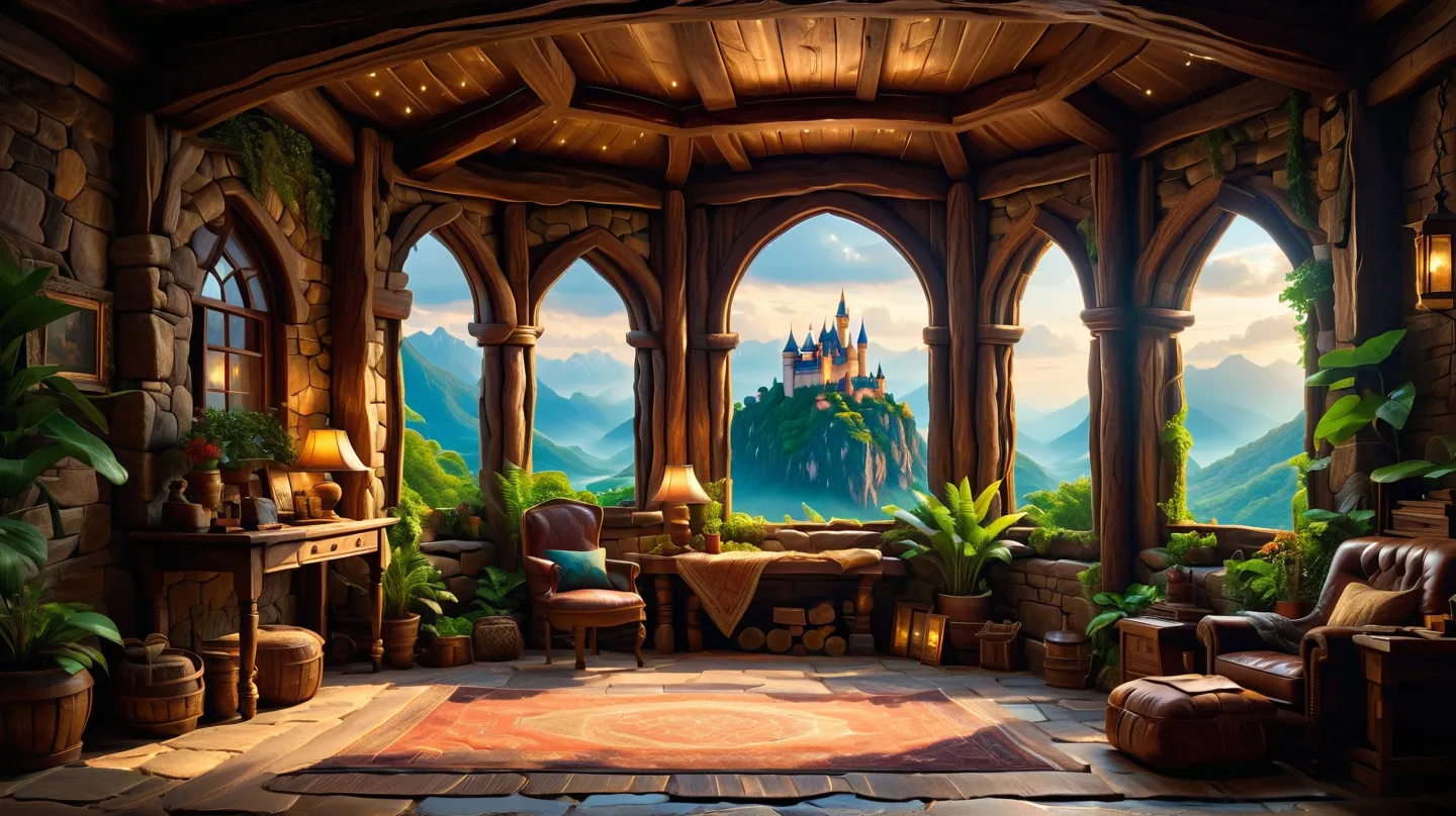 This stunning work of architectural art features the interior of Castle in the Sky, decorated with low-cost rustic elements. The scene uses a wide-angle lens to capture a vivid and beautiful nighttime rain scene through a large window. The lighting is dram...