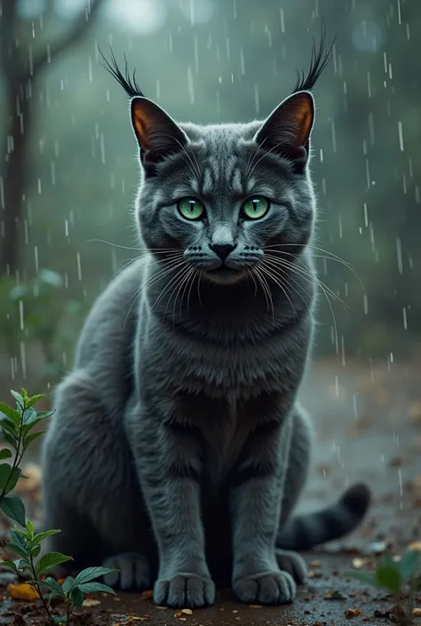 Create me a cat , who sits in the rain . Is a big, gray tomcat with big black picks, with one of them running over his left eye. His eyes are dark green, but also gives a blue appearance, which gives a turquoise impression. A long scar is spread over his s...