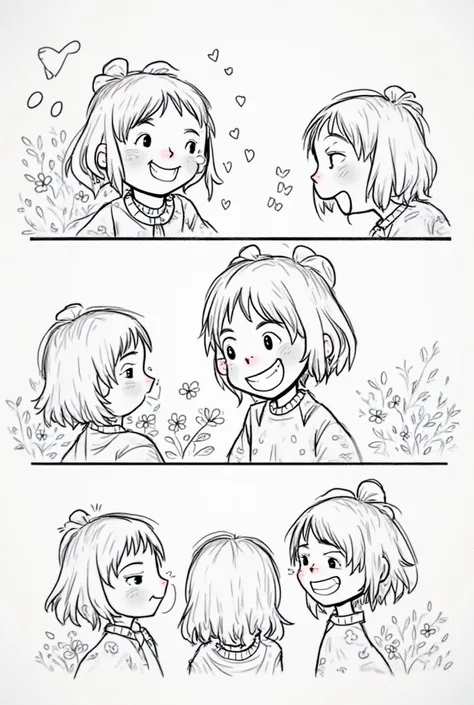 Make three panels where a girl is laughing with her friends, Make the image as if it were a black and white cartoon 