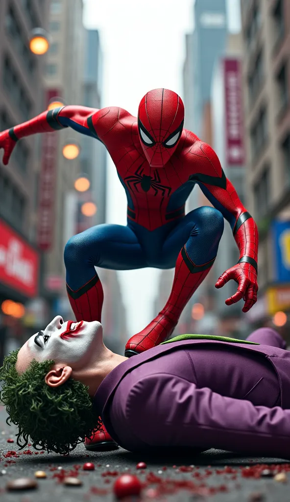 Spiderman defeated joker at city and joker in fall down bloody