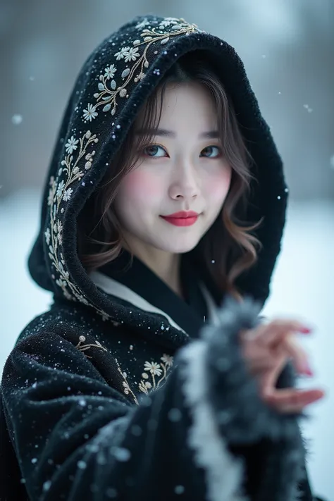  Real shot of a Korean model woman wearing a black pure white cloak with intricate embroidery and subtle silver sparkles ,  pale skin and pink lips that shine in the cold , Winter Background,  Her eyes reflected。soft glow of snow - covering the landscape ....