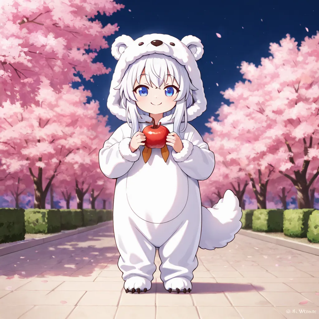 cherry blossoms、White bear ears、Polar bear cosplay、solo、smiles、looks at one woman