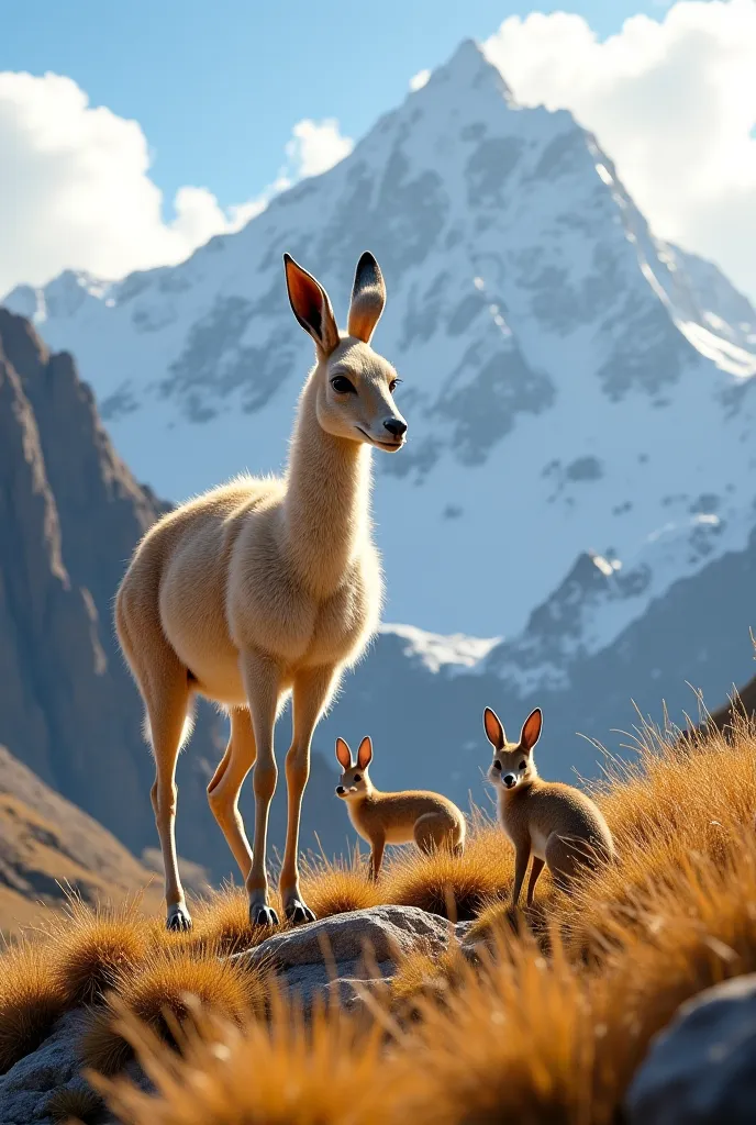 The following animals on a guanaco mountain that you notice the image that is slightly larger than the fox and the rabbit and the rye also that you notice