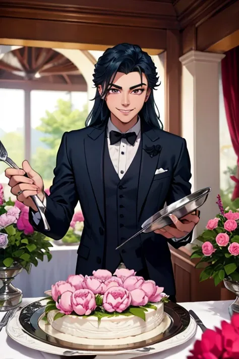 Perfect face. Perfect hands. A dark blue haired man with silver eyes and long hair in a Gothic suit is setting up the dishes for a wedding reception in a peony garden with a big smile