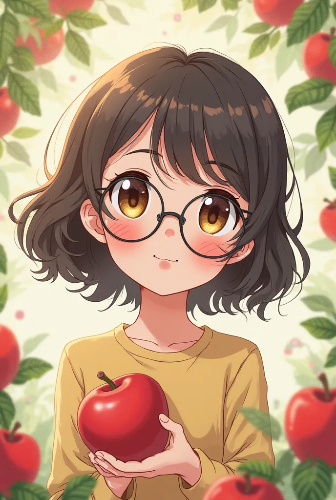 cute girl with glasses anime style apple