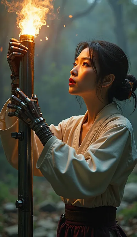 Very live-action、has a mechanical prosthetic hand、A Japanese female craftsman who climbs on a high iron pole、I made an iron pillar that emits a mysterious light and offered it here。Open mouth and surprised expression、Part of the arm is fused with an elabor...