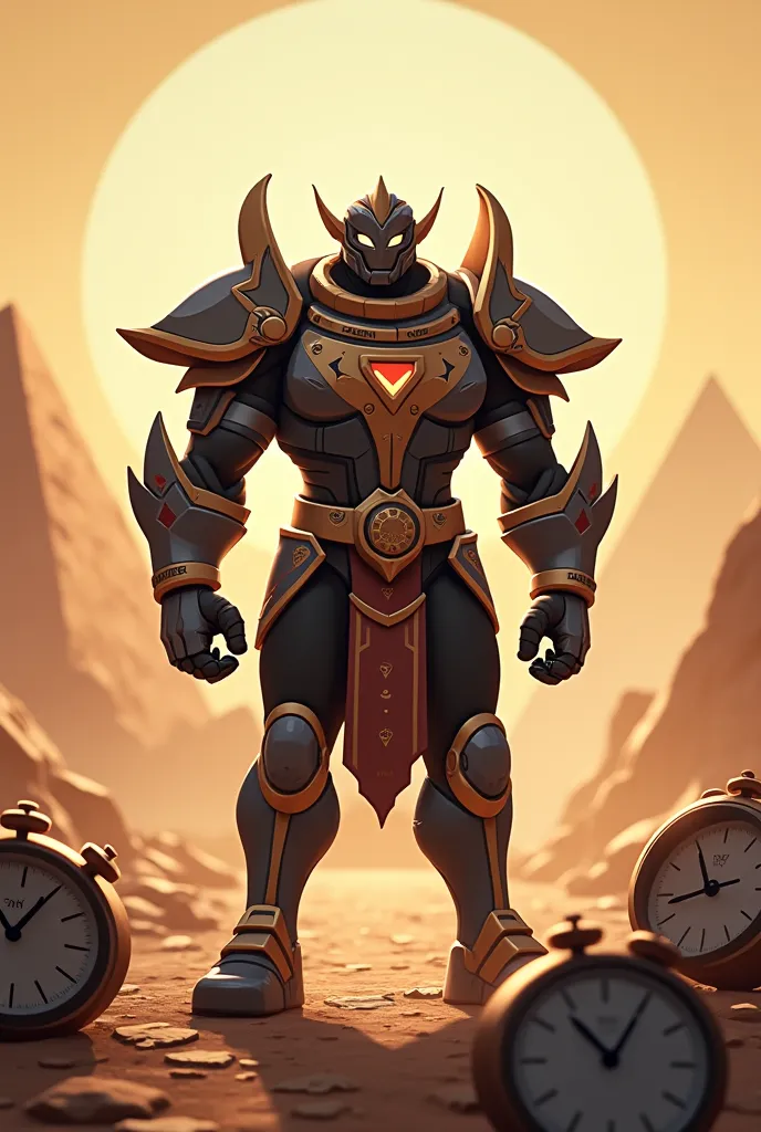 finx the brawl stars newest brawler at the finest quality surrounded by a few broken clocks in an egyptian wasteland with pyramids behind him