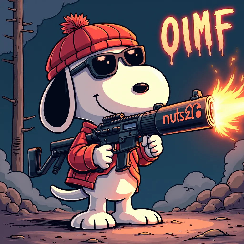 "An image of Snoopy with the letters oimf"in it　Anime style Snoopy wearing sunglasses and holding a machine gun　"nuts26"Machine gun with the letters