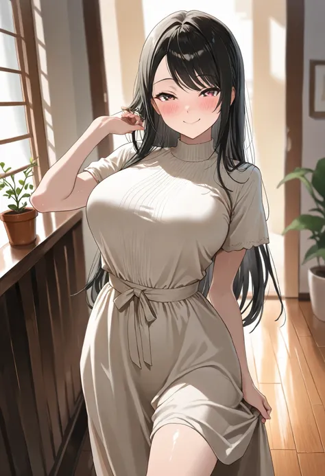 (best quality, masterpiece, ultra detailed, high resolution), Beautiful 8K CG artwork, Enriched photography, anatomically accurate body, depth of field,  1girl, elegant yet sexy girl, (long hair, black straight hair, swept bangs), 
round large breasts, bre...