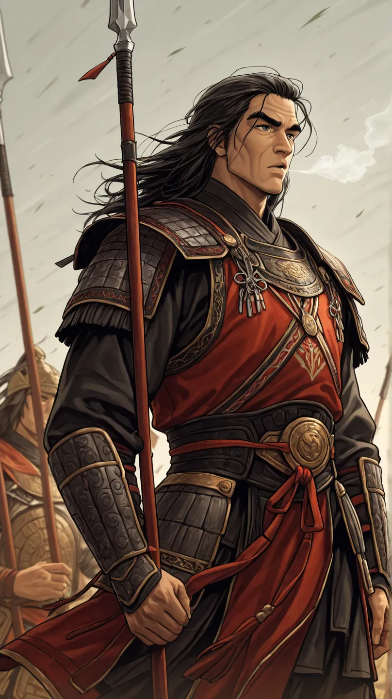 "A modern illustration of Jangar, the ruler of Bumba. A Korean warrior with Asian features, similar to Genghis Khan's warrior. His long, loose hair is blowing in the wind, and his expression is wise and determined. He is wearing traditional Mongolian armor...