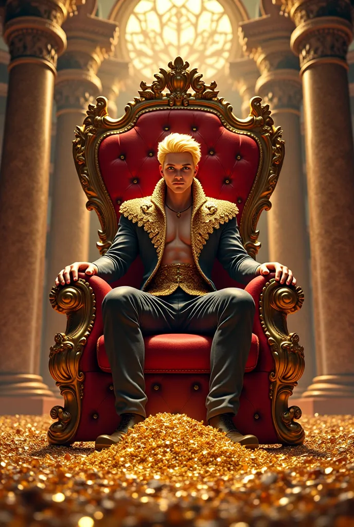 Greedy blonde sitting in throne with a lot of money