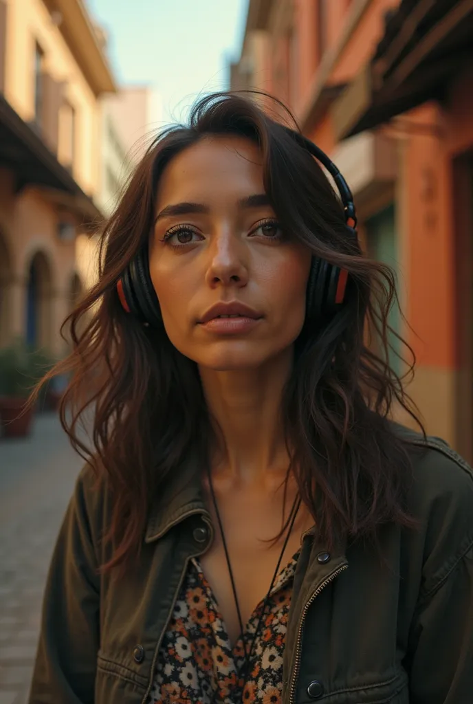 
Horizontal closeup of a beautiful Colombian girl walking with headphones on, immersed in her world. in a warm city, cinematographic scene, medium shot