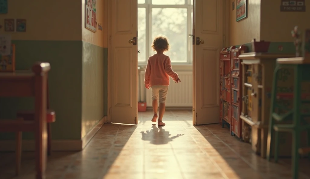 Ultra-realistic wide-angle shot of a 29 years old mother walking toward the open door of a 1990s daycare classroom. The mother, wearing a white blouse tucked into a peach-colored knitted cardigan, is halfway towards the exit, her figure slightly blurred as...