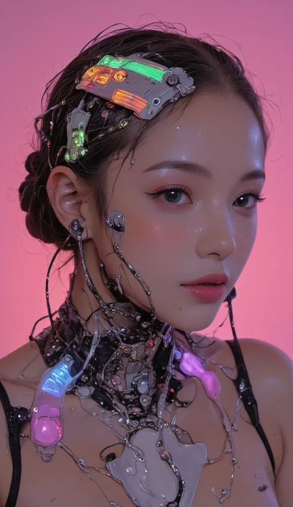 nice photo of a female cyborg,  future, nice,  is dazzling,  attractive, flashy,  upper body, Quirky, Adult face,  full shot, Strong Makeup ,  cyborgized brains ,  colorful, Wonderful,  robot head is smooth and glossy like ceramic ,  detailed, stand out, T...