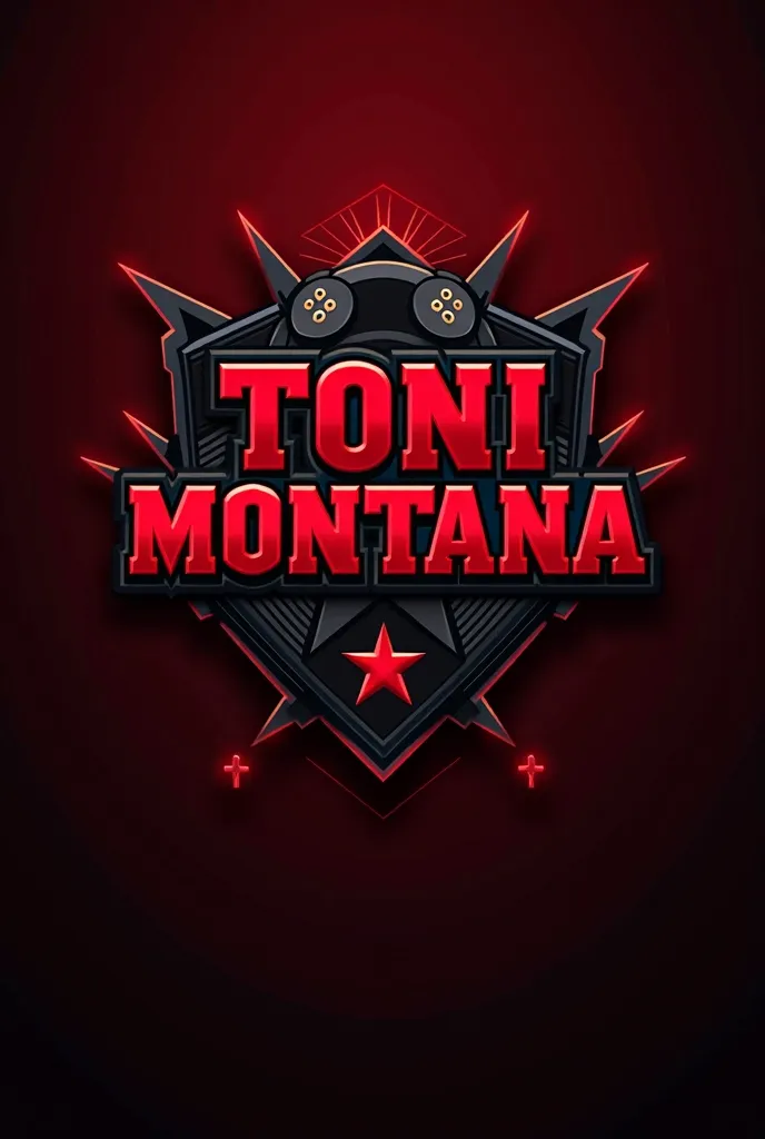 A Gaming Logo that includes the name TONI MONTANA AND SOME GAMING REFERENCE AS PART OF THE LOGO, that it be black and red