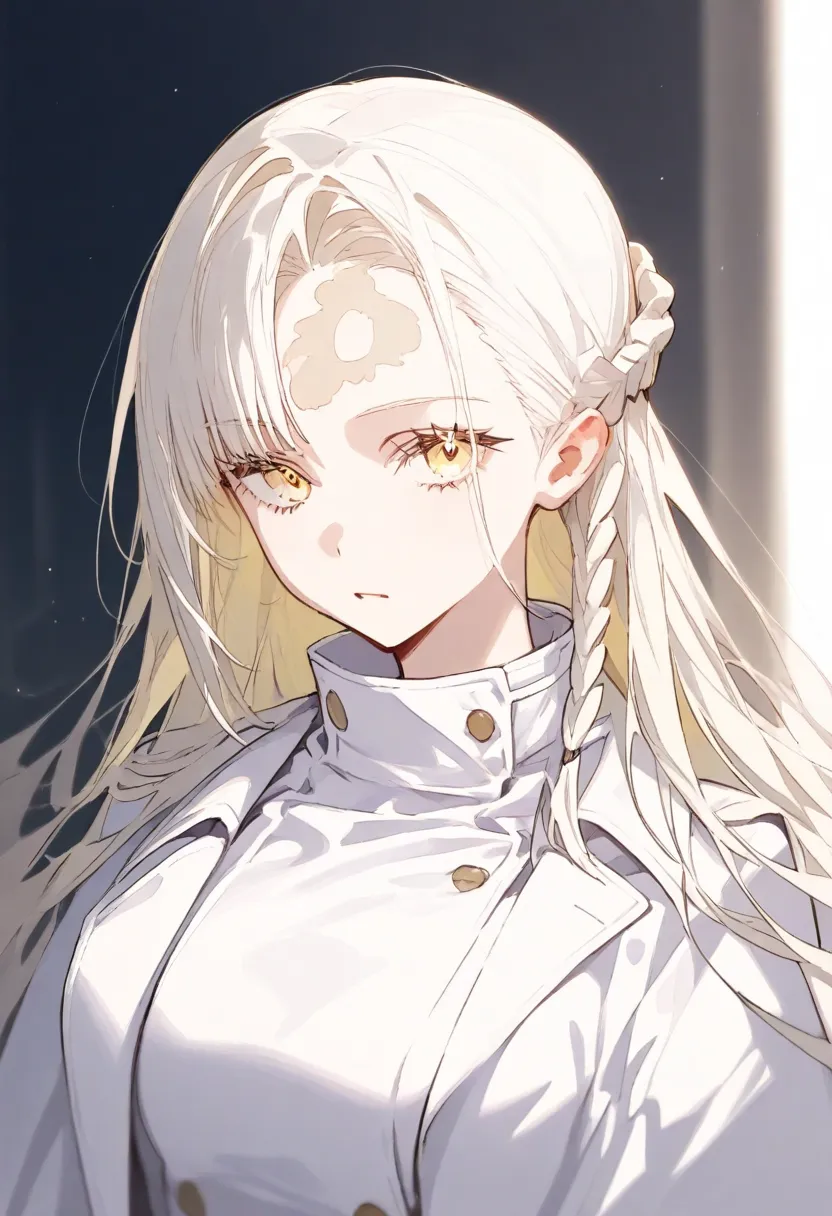 best quality, masterpiece, SagawaStyle , white hair,  blond eyes ,white coat,  on the forehead, upper body,hair, side braid