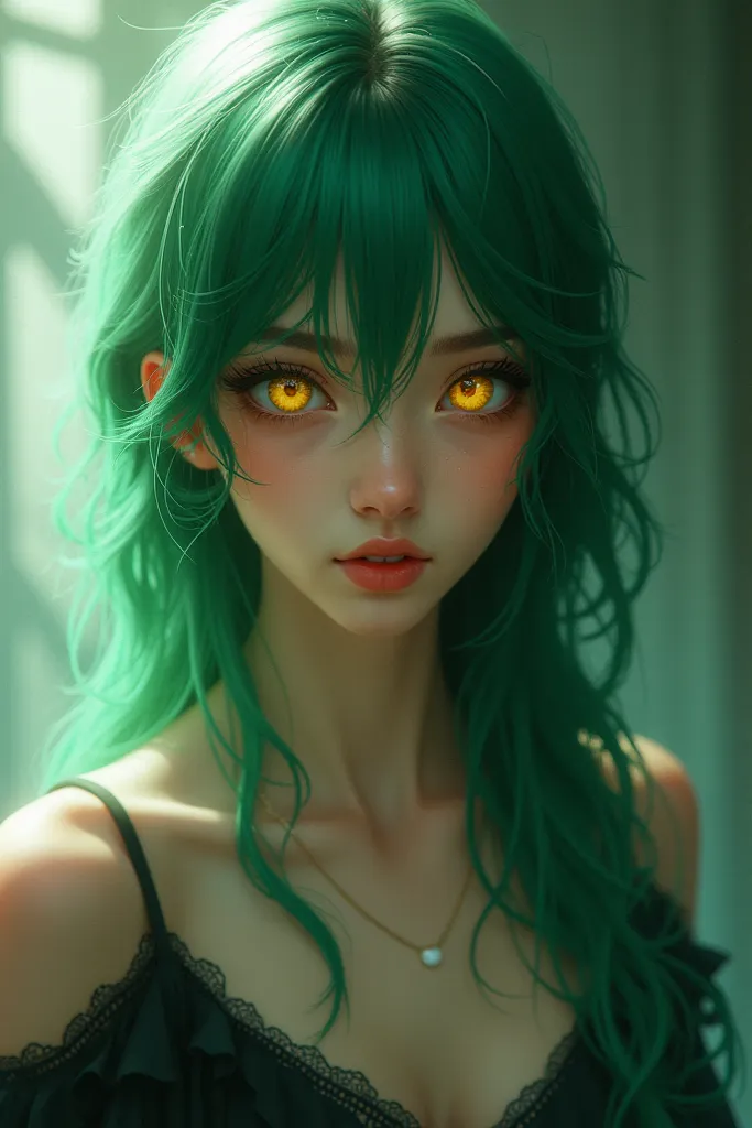 The girl with yellow eyes and Green  hair , Beautiful and charming 