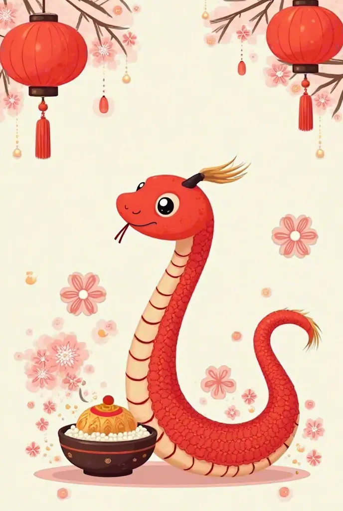 cute, anime-style images celebrating Lunar New Year's Day. Snakes appear,, I hope they include traditional Korean hanbok and New Year's Day foods such as rice cake soup. snakes are cute and cartoon-like, and, The background combines traditional Korean lant...