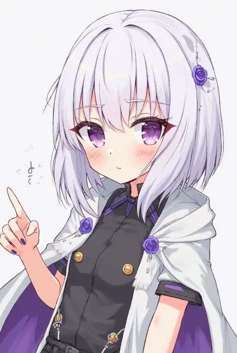 Anime, white-haired girl with purple lines, purple eyes, x-shaped, in the eyes, straight stitches on the left side of the eyes, wearing a school dress, black shirt, white bulging, purple-gray cloak, with straight stitches, right arm, straight stitches, slo...