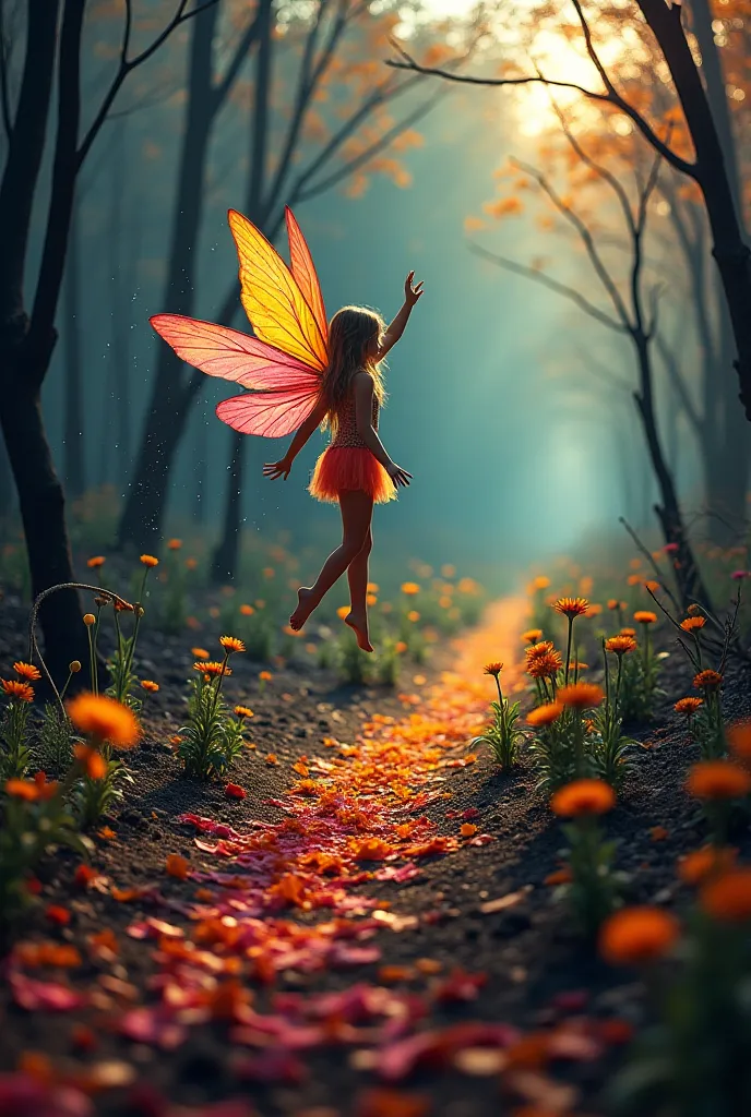 A fairy who flutters over a charred clearing in a universe Post Apocalyptic returns color and makes zone; the image is contrasted by a dark and charred background enhanced by the colored path that follows the passage of the fairy ; bloom again A trail of m...