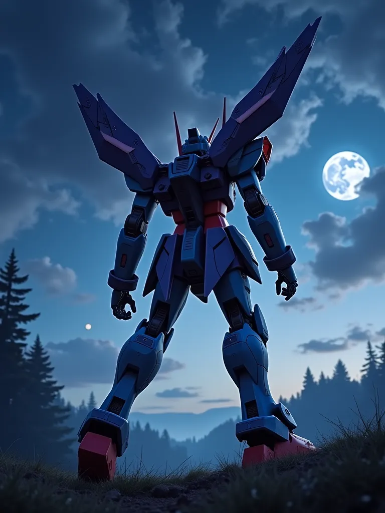 Scenery seen through the cockpit monitor、The rear view of a Gundam style mecha is subjectively viewed from the cockpit console monitor、Enemy mecha beam attack、A cool Gundam style mecha with wings to cover up is about to land on the ground by jumping in a d...