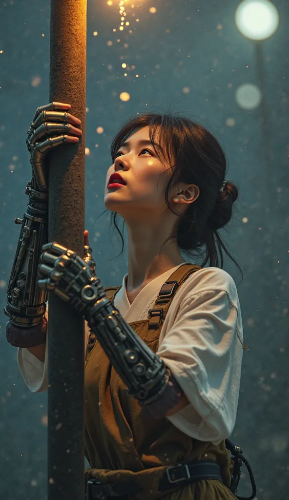 Very live-action、A beautiful Japanese female craftsman with a mechanical prosthetic hand、A Japanese female craftsman who climbs on a high iron pole、An iron pillar emitting a mysterious light is being held out here。Open mouth and surprised expression、Part o...