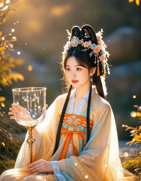 1 girl, Alone, shimmering Hanfu girl, looks at one woman, wrapped in liquid light elements, embodies cute aesthetics in erkindemir style, reflects the deep connection between Chinese culture and the essence of fairy tales. x} Intricate details interweave t...