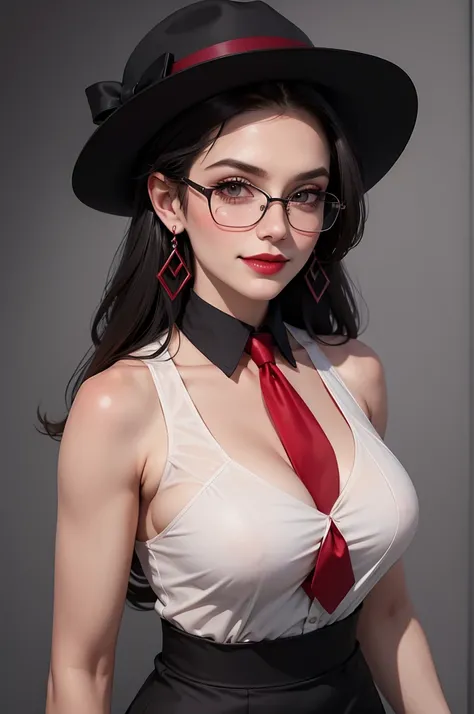 1girl, solo, masterpiece, best quality, cowboy shot, large breasts, black-framed eyewear, looking at viewer, smile, indoors, pantyhose, pencil skirt, collared shirt, necktie, sleeveless,1girl, sunglasses, solo, hat, lipstick, red lips, long hair, dress, pl...