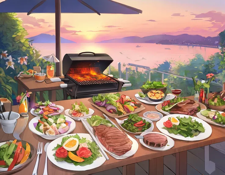 「in the garden at sunset in summer、A scene where a wooden barbecue grill is smoking。Deliciously grilled meat and vegetables are lined up on top of the grill It's there。with lush greenery and colorful flowers blooming around。Salads and drinks are lined up o...