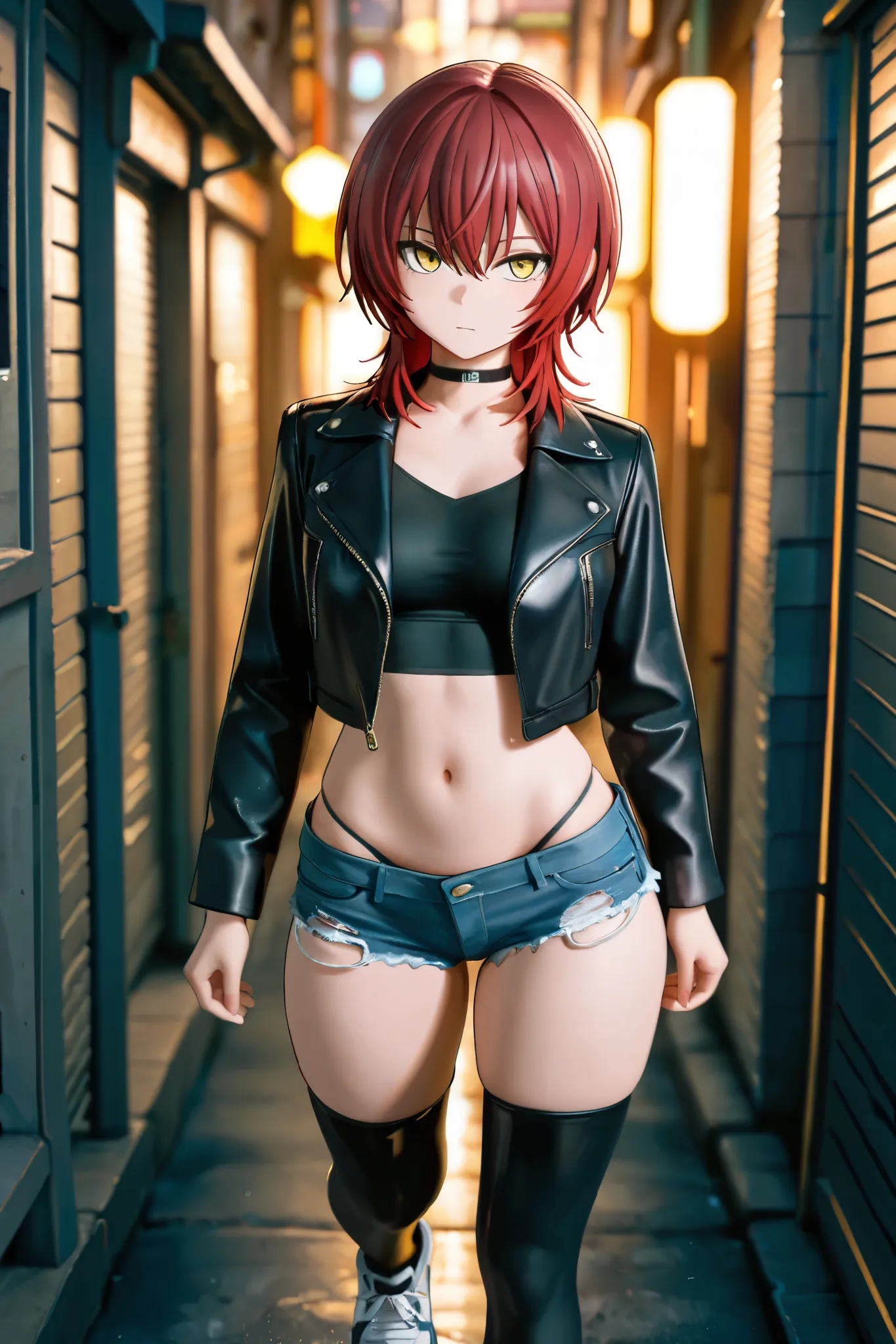 NSFW,masterpiece,Highest quality,High Resolution,very detailed, boyish girl,high school girl, red hair ,medium hair,wolf cut,clavicle,with golden eyes,choker,leather jacket, crop top shirt ,DENIM SHORTS, high leg panties,Groin,knee-high socks,Sneakers, nig...