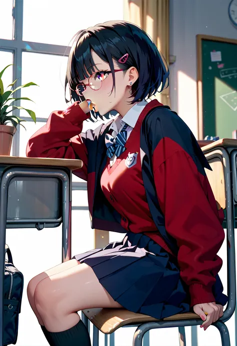 High school girl giving fellatio to her homeroom teacher　Black Hair Shortcut　Black socks　classroom　after school